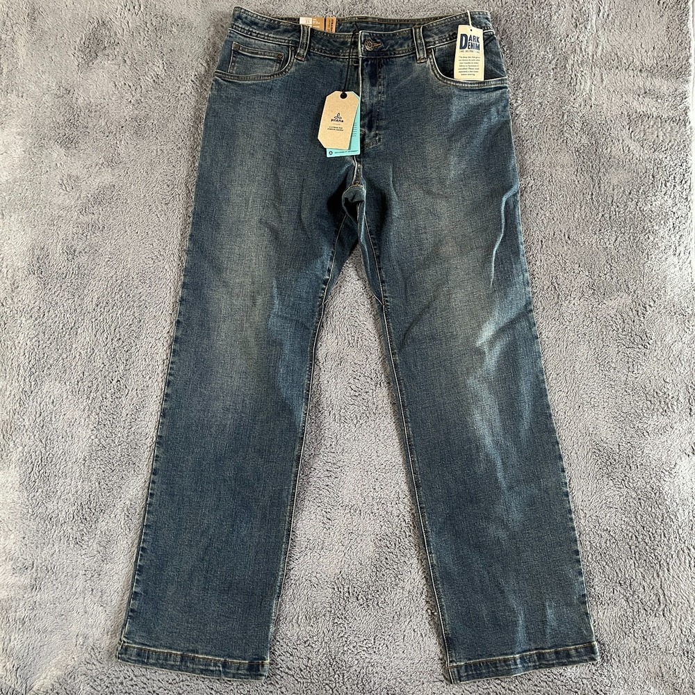 prAna Axiom Jeans Men 35x32 Straight Leg Blue Antique Stone Wash Cowboy Western